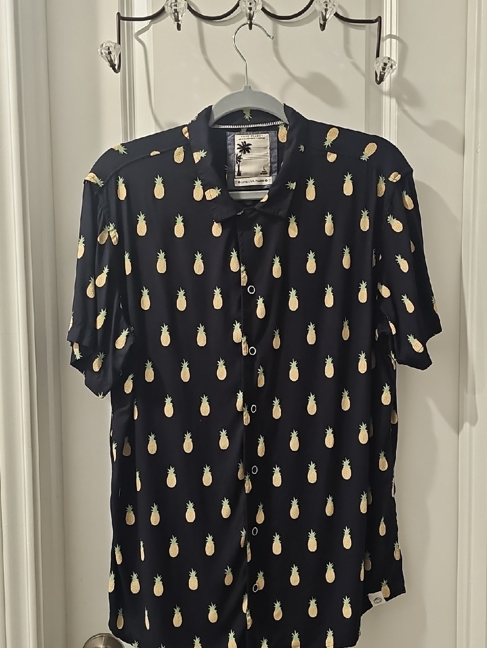 Free Planet Black Short-Sleeve Button-Down Shirt with Pineapple Print
